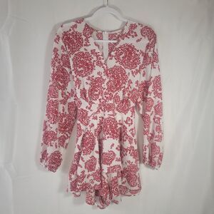 Relipop Red White Floral Damask Long Sleeve Ruffle Skirt Romper Dress V-Neck XL